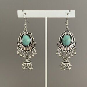Southwestern Faux Turquoise and Silver Metal Pierced Earrings